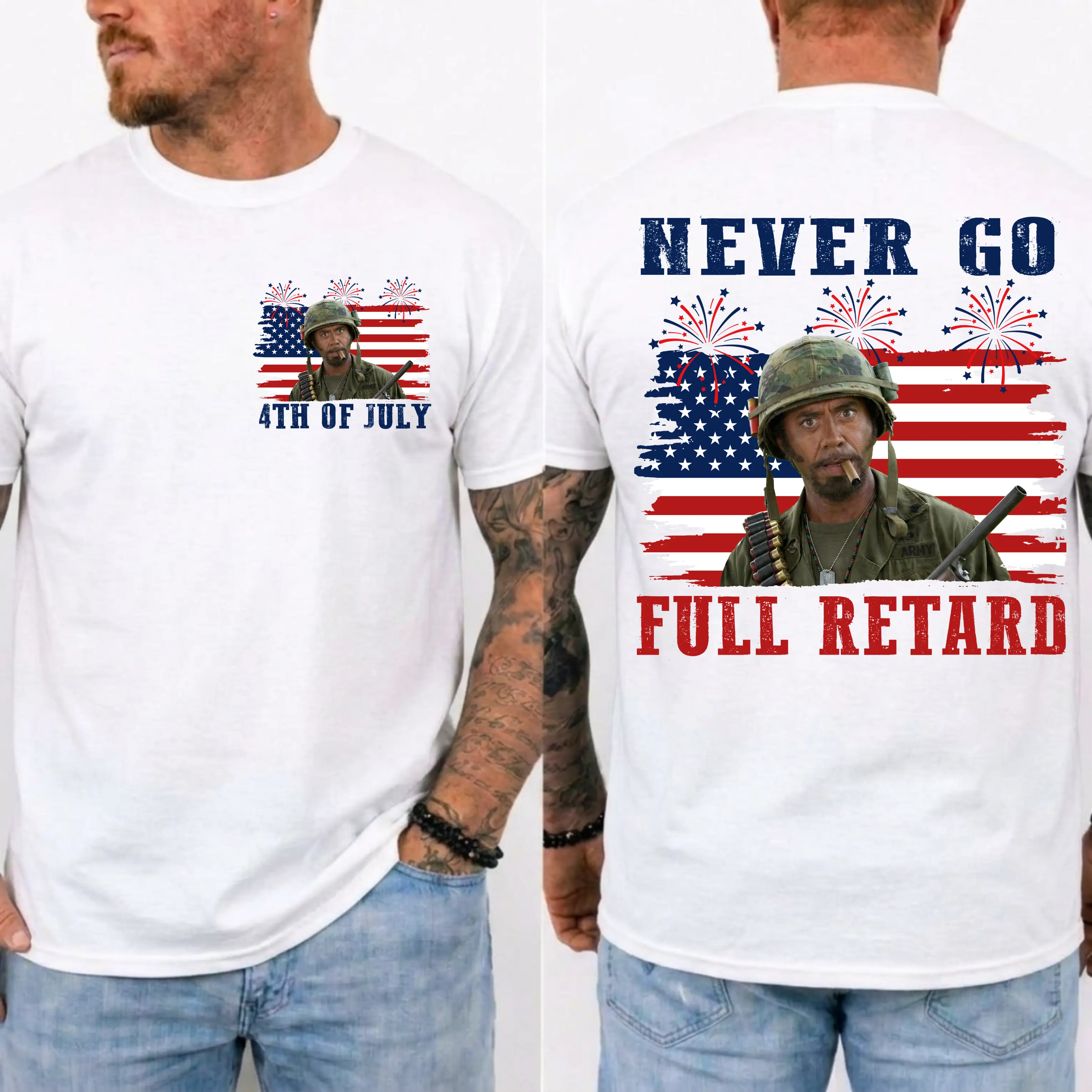 Never Go Full Retard 4th of July Shirt, Vintage Tropic Thunder T-Shirt, Funny Movie Quotes Tee, Gift For Independence Day,