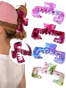 4PCS Hat-Friendly Claw Clips for Women, Marble Pattern Style, Hair Styling Clips, Large Non-Slip Hair Clips for Thick Hair, Hollow Design Strong Hold Claw Clip Set for Ponytail Bun Hairstyles, Daily Wear, Travel, Sports, Outdoor and Gifts