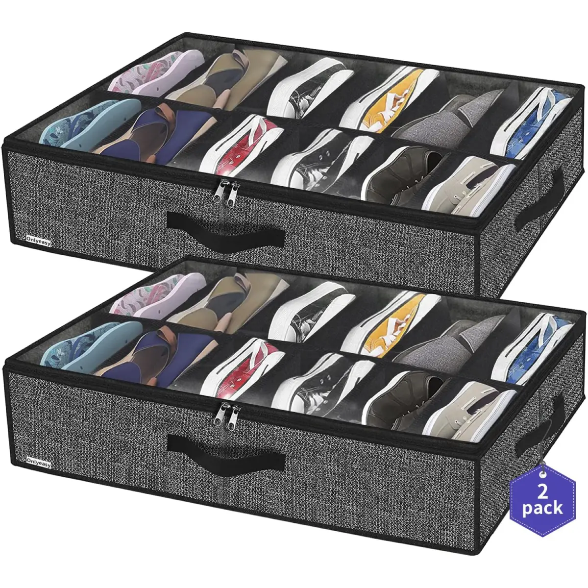 2x Under Bed Shoe Storage Organizer, Fits Total 24 Pairs Under bed Shoes Closet Storage Solution with Clear Window Foldable shoe storage bag Boxes Underbed Shoe Storage Box Set Foldable Shoe Organizer Clear Shoe Storage Under Bed Dust Shoe Containers 1.1