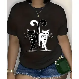 Plus Size Black & White Cat T-Shirt for Women, Casual Short Sleeve Tee, Comfortable Spring & Summer Style, Easy Care, Optimistic Cat Design, Perfect Gift for Cat Lovers