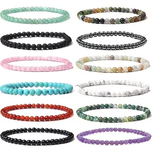 12 Pieces 4mm Mini Energy Bracelets Handmade Beaded Power Stretch Bracelet Unisex Couple Bracelets