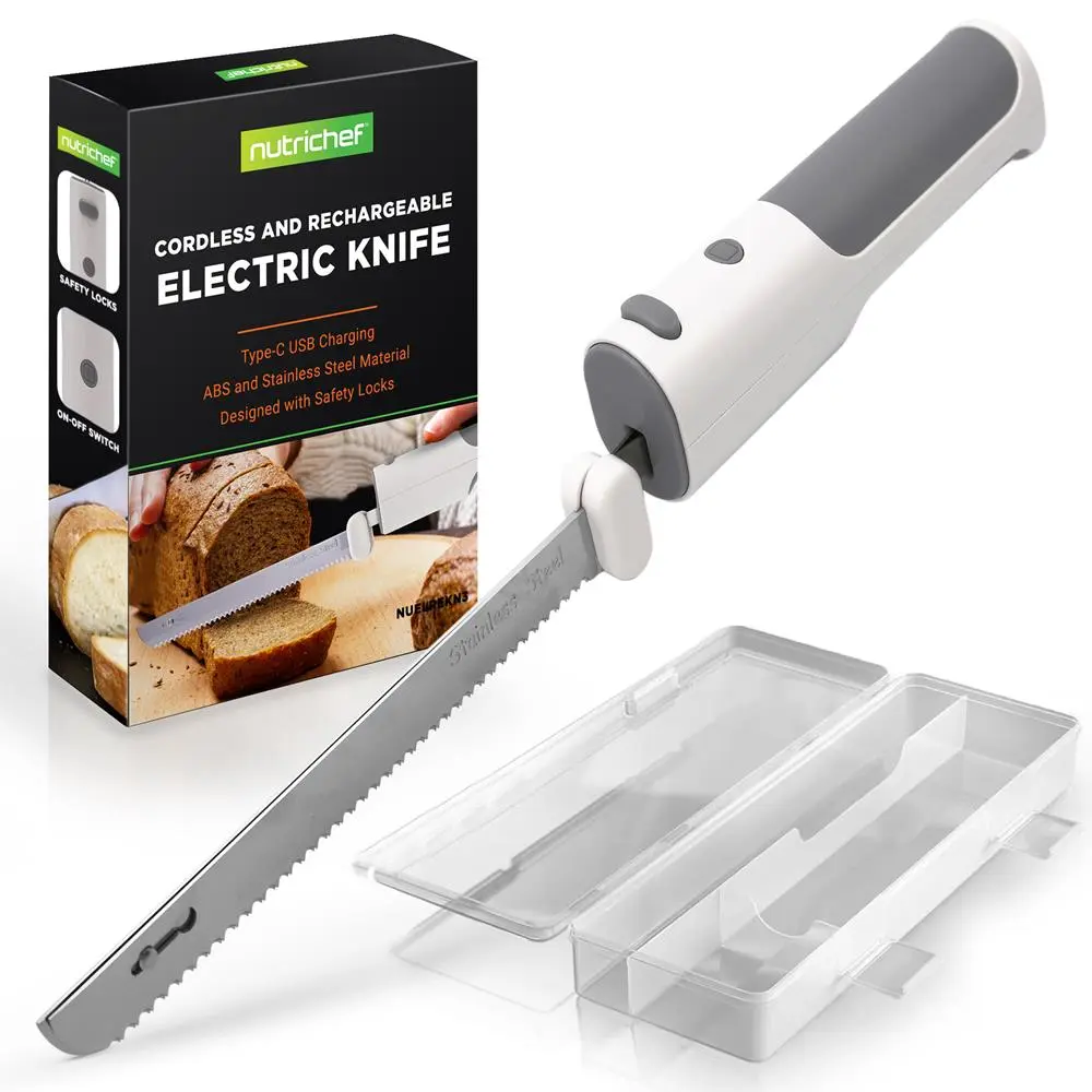 NutriChef Cordless Electric Knife – White/Grey | Stainless Steel Knife for Bread, Cakes, Meats & Roasts - Rechargeable Handheld Carving Knife with Safety Lock - Portable Battery-Powered Kitchen Cutting Tool - Daily Cooking Accessory