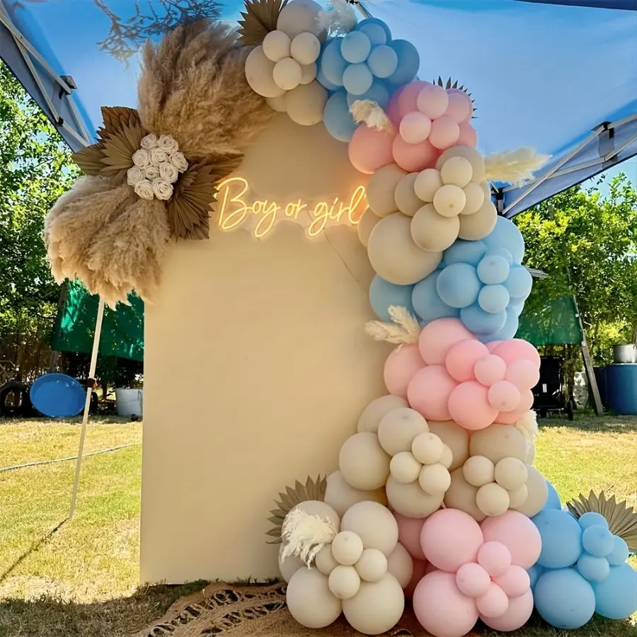 107pcs Colorful Cluster Balloon Arch Kits - Round Cream Beige, Macaron Pink, Macaron Blue Latex Boho Theme Bohemian Patchwork Set with Synthetic Gemstones for Wedding, Birthday Decorations