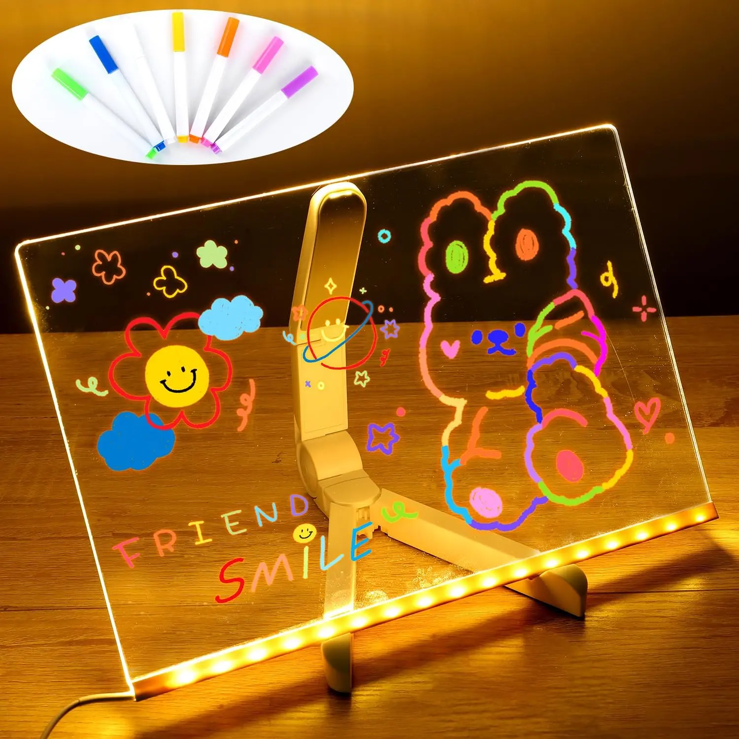 LED Light-Up Noteboard with Seven Color Pens, USB Powered Acrylic Message Board with Stand, Modern LED Signage for Office School Home, Light Box, Creative Led Lighting, Led Lit, Led Lighted
