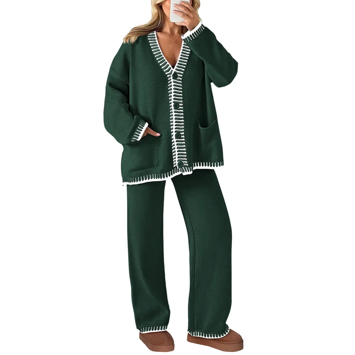 PrettyGarden Women's 2 Piece Set Winter Knit Outfits Matching Loungewear Long Sleeve V Neck Cardigan Sweaters Wide Leg Pants Tracksuits
