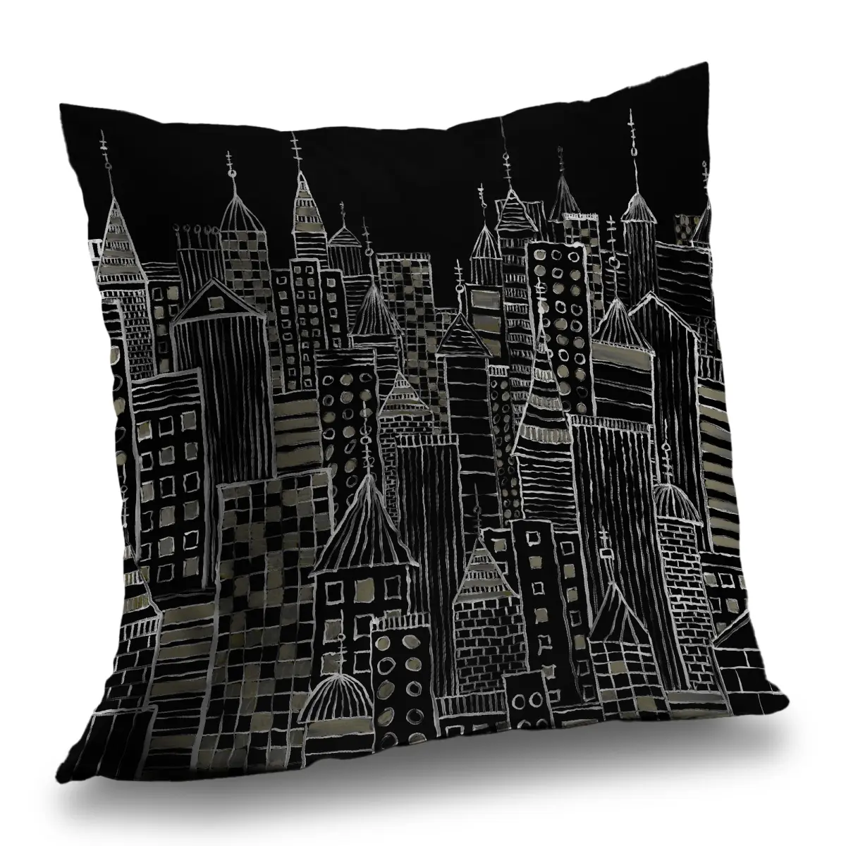 14x14 in. Durable Poly Twill Weave Throw Pillow with 360 Stand & Insert - Black Urban City Skyline Tower Illustration, Soft Home Decorative Cushion for Living Room