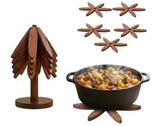 4 Wooden Trivets & 1 Stand Like a Christmas,Walnut Wood Tree Trivet Set, Natural Tree Trivet Set -  Foldable Kitchen Wooden,for Hotdishes Pot Bowl Teapot Hot Pot Holder