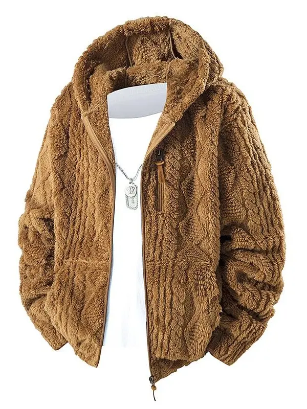 Men's Thermal Fleece Hoodie Jacket Jacket Jacquard Fabric Zip Front Up Plain Hooded Outerwear With Decorative Zipper Pull, Kangaroo Pockets for Menswear Mens Unisex Lining Autumn Fashionable Style Soft Streetwear Western Clothing Fall Top Winter Stylish