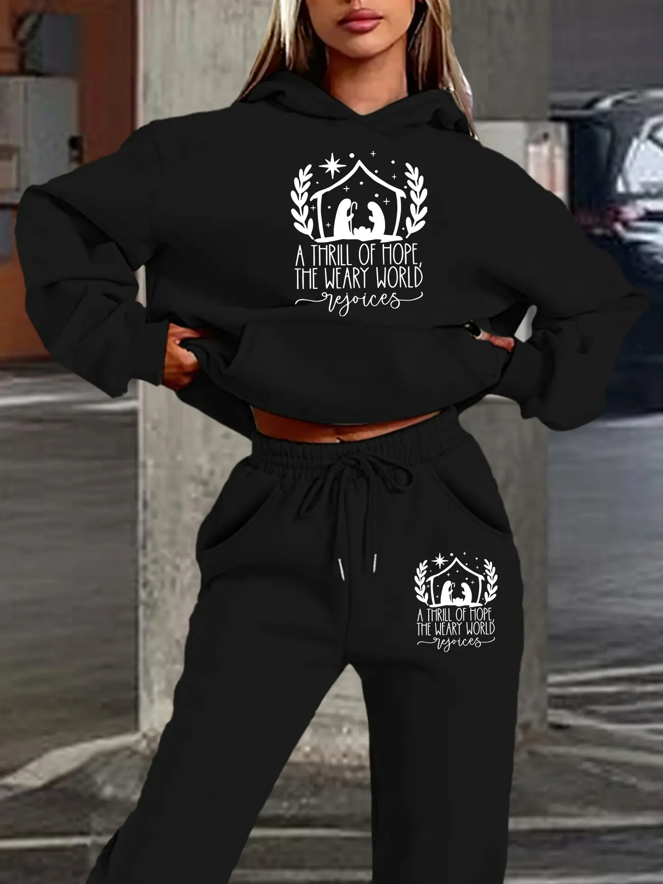 Women's Hooded Sweatshirt Set, Fall & Winter Christmas Religious Text Print, Casual Fitted Design, Jogger Pants, Party & Religion Activities