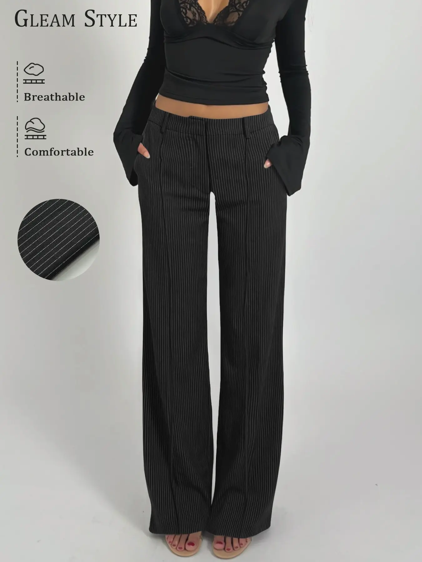 High-Waisted Striped Wide Leg Suit Pants, Women's New Arrival, Striped Office Suit Pants, Lazy Chic, Fashionable, Versatile, Straight Leg, with Pockets, All Season Trousers