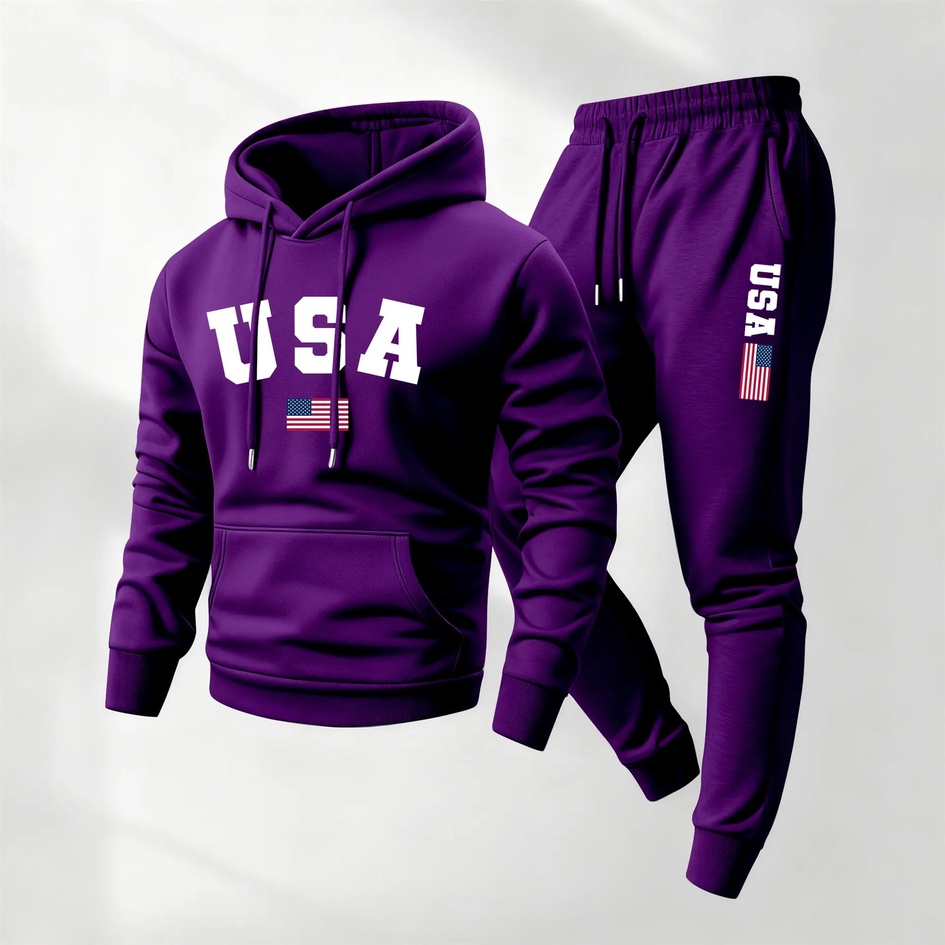 Men's USA Printed Hoodie & Drawstring Sweatpants Set Casual Athletic Long Sleeve Hooded Jacket & Trousers for Fall Winter Daily Wear Sportswear Tracksuit Athleisure.