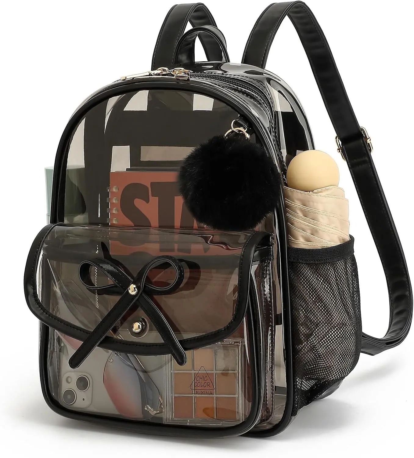 Clear Backpack for Stadium Events 12x12x6, Thick PVC Small Clear Bag with Leather Trim Fashion Women Backpack