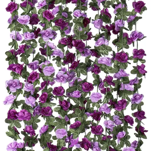9pcs Purple 8ft-Long Lifelike Photorealism Artificial Rose Rattan Garlands (Total 72ft), Decorative Silk Floral Vines & Plastic Ivy Hanging Ornaments, Whimsical Home Decor for Room Decor, Outdoor/Indoor Birthday Gift