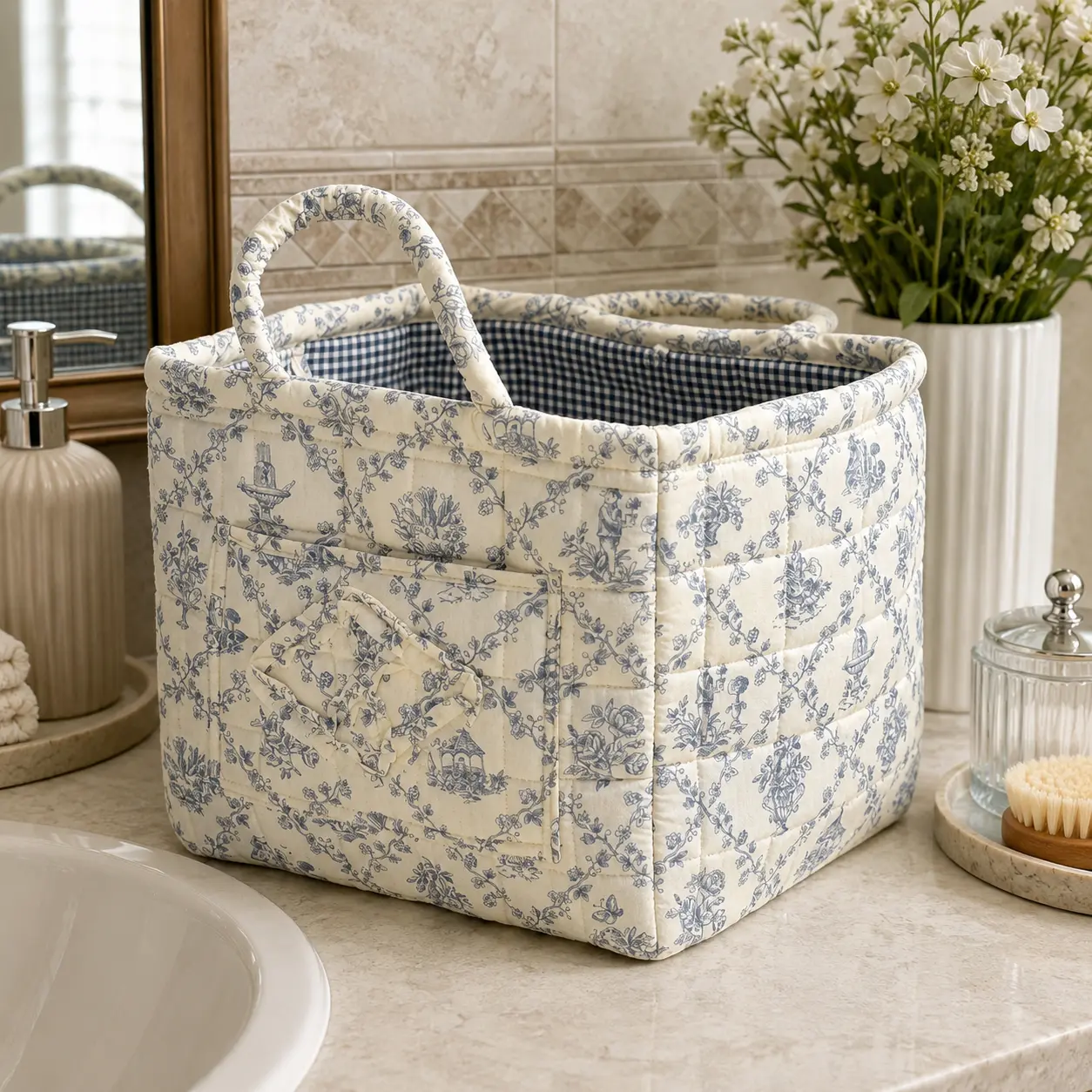 Quilted Cotton Floral Pattern Storage Basket - Versatile Home Organizer, for Bedroom Laundry & Car Trunk Storage, Reusable Machine-Washable, Lightweight Foldable Shelf Bin