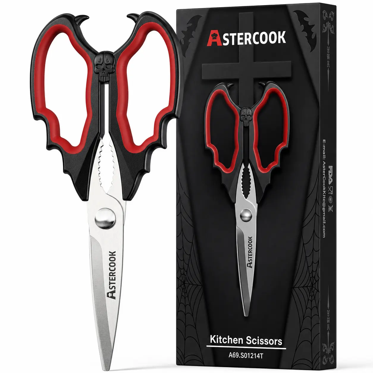 Astercook Ergonomic Rustproof Stainless Steel Kitchen Scissors, Grippy Handle Dishwasher Safe Shears with Bottle Opener, Herb Stripper for Meal Prep, Home Cooking, BBQ Prep