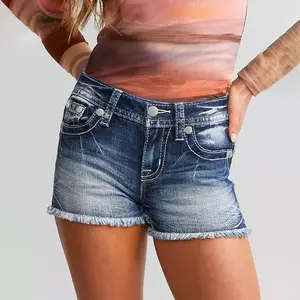 Women's Summer High Waist Denim Shorts with Embroidery and Burr Pocket Casual Trendy Everyday Wear - Womenswear
