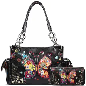 Colorful Butterfly Western Shoulder Bag & Wallet Set
