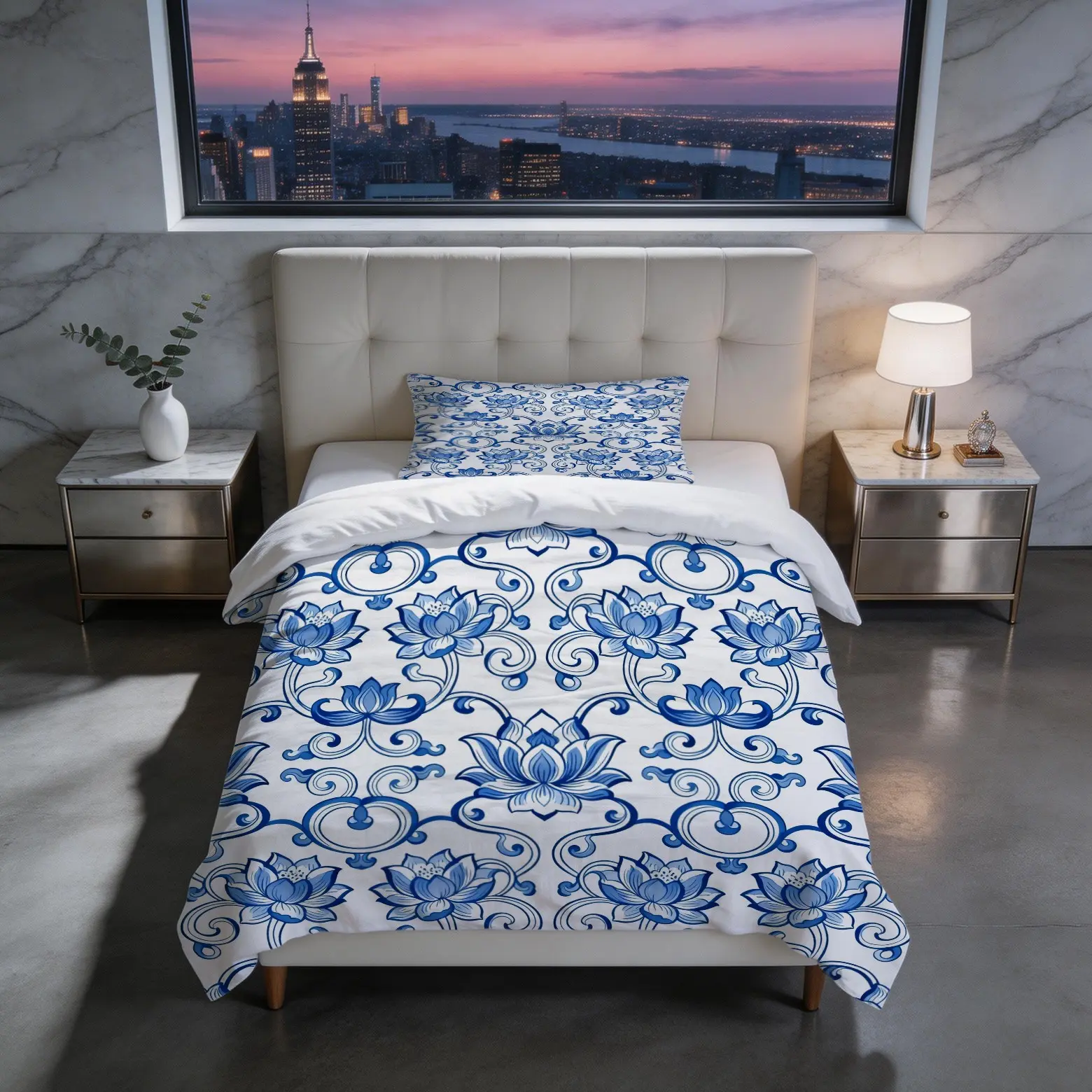 2/3 Pcs Blue and White Porcelain Lotus Duvet Cover Set, Chinoiserie Floral Comforter Cover, HD Digital Print Bedding Set with Zipper Closure, Soft Breathable Bedroom Decor Bed Set for All Seasons (No Insert)