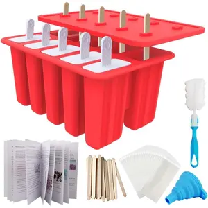 Homemade Popsicle Molds, 10-Cav Non-BPA Ice Pop Maker, with 50 Sticks, 50 Bags, 10 Reusable Sticks, Funnel, Brush and Ice Pop Recipe (Red)