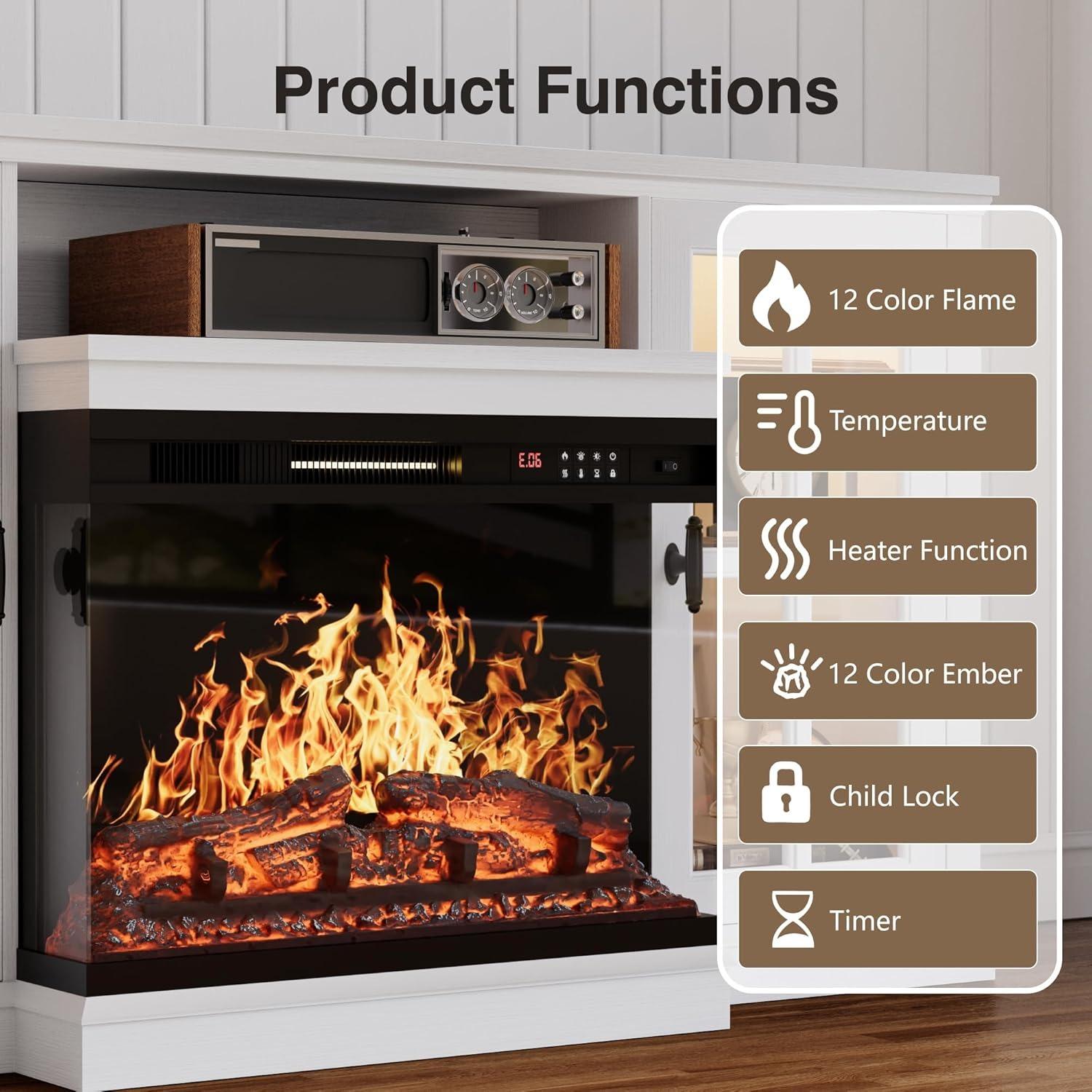 FURMAX Glass Fireplace TV Stand for Televisions up to 65", Media Entertainment Center Console Table with Led Lights