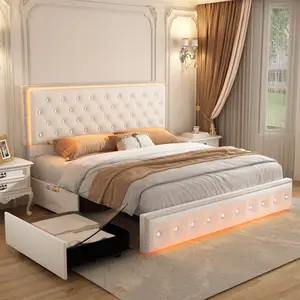 [Summervibes] Sibeds LED Bed Frame with Crystal Button Tufted Headboard, Upholstered Platform Bed with Storage Drawers, Modern Bedroom Furniture Set, Solid Slat Support, Noise-Free, No Box Spring Needed, PU & Velvet, Queen/Full/King