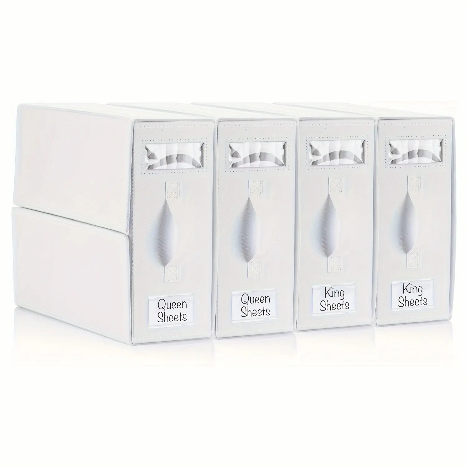 Bedding Drawer Organization Bundle: 4-Pack Sheet Organizer, Folding Box Container, Linen Closet Drawer Organizer for Sheets, Duvet Covers, And Pillowcases (White with Circle Window) Laundry Storage Organization
