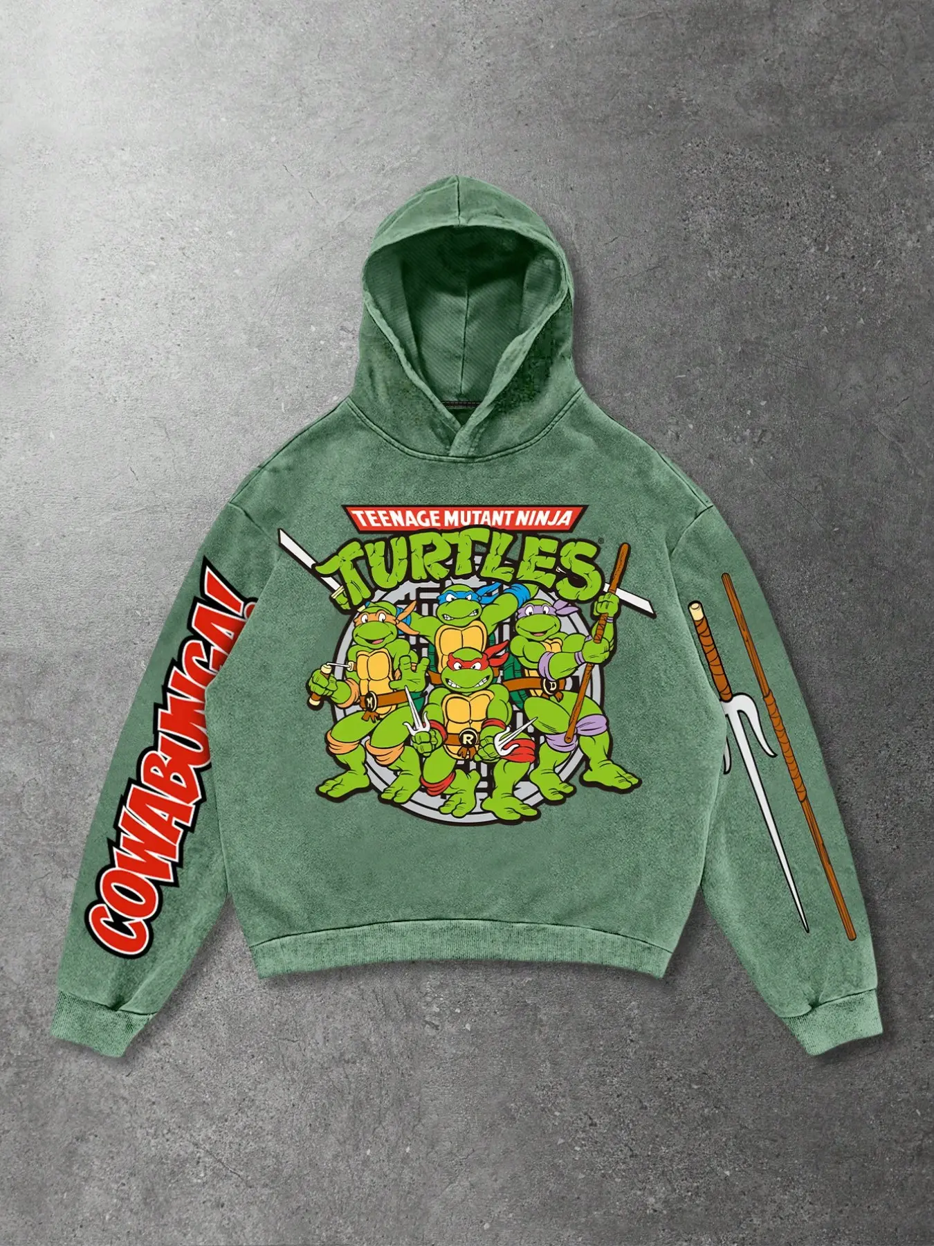 Ninja Turtle Washed Fashion Hoodie, Long Sleeve, Vintage Wash, Bold Graphic, Spiritual Streetwear, Retro Trend, Casual Loose-Fitting Long Sweatshirt, Garment
