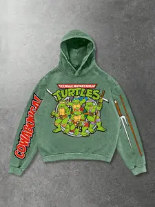 Ninja Turtle Washed Hoodie, Vintage Wash, Bold Graphic, Spiritual Streetwear, Retro Trend, Casual Loose-Fitting Long Sweatshirt