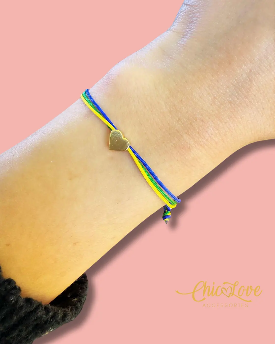 Brazil Heart Bracelet  18K Gold Plated Charm | Green, Blue  and Yellow  Adjustable Cord