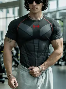 Men's Fitness Shirt, Casual Running Quick-Dry Breathable Tight Fit Short Sleeve T-Shirt, Gym Training Night Run Comfortable Skin-Friendly