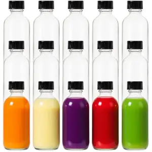 2 oz (60ml) 15 Pack Leak-Proof Clear Glass Boston Round Bottles with lids - Mini Travel Containers for Ginger Shots, Juice, Whiskey, Samples | W/Labels, Funnels & Brushes