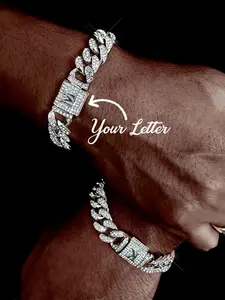Letter Design Cuban Link Bracelet, Rhinestone Initial Letter Name Bracelet, Hip Hop Matching Jewelry for Men Women, Streetwear Accessory for Boyfriend, Rhinestone Decor Bangles