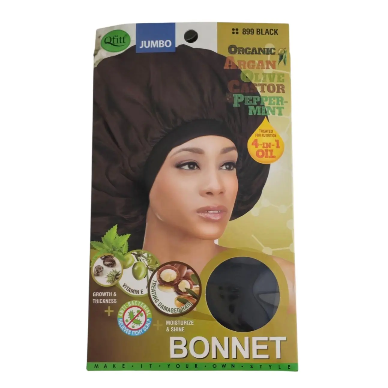 Qfitt Jumbo Satin Bonnet #899 (Black) - Organic Argan-Shea Butter-Olive Oil Infused, Heatless Hair Care Cap, Salon Equipment, Home Use Bathroom Supply That Moisturizes & Boosts Shine