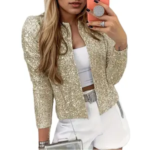 New Solid Color Sequin Stand Collar Short Casual Coat for Women,Elegance,European and American Fashion，Women's clothing Bolero Blazer Sleeve Cardigan