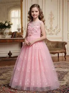 Girl's Floral Print Appliques Sheer Tulle Fit & Flare Tulle Dress, Elegant Bow Back Round Neck Sleeveless Party Dress for Performance Party Wedding Guest, Kids Partywear, Princess Seraphina Dress