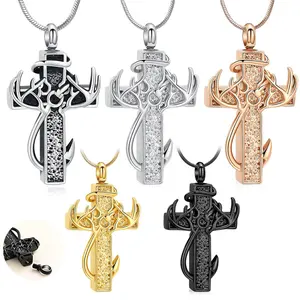 Stainless Steel Deer Antler Cross Ash Pendant Memorial Loved Ones Pet Ashes Hair Necklace Openable Ash Urn special version Cremation