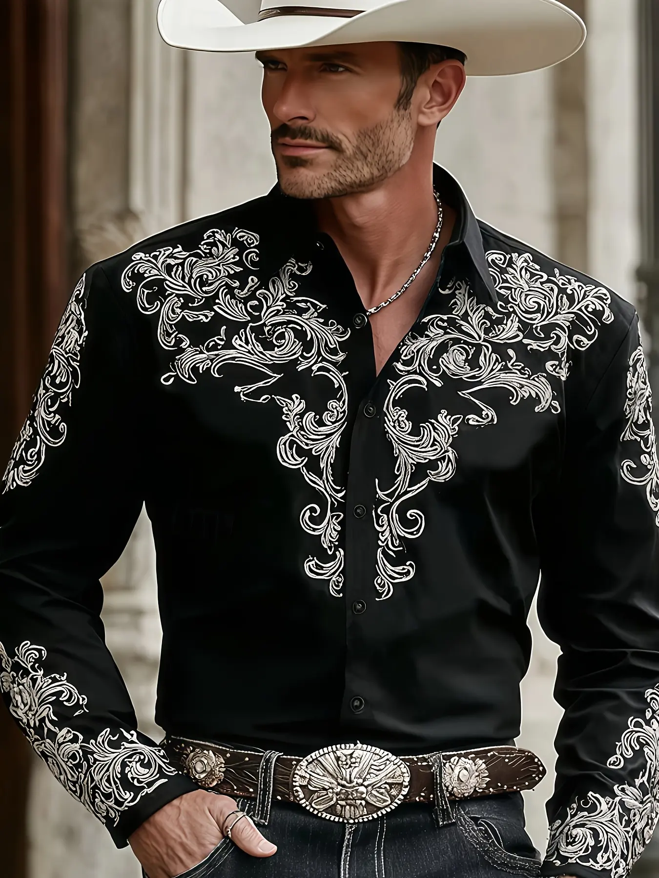 Men's Western Style Cowboy Shirt, All-Season Paisley Print Ethnic Long Sleeve Casual Shirt