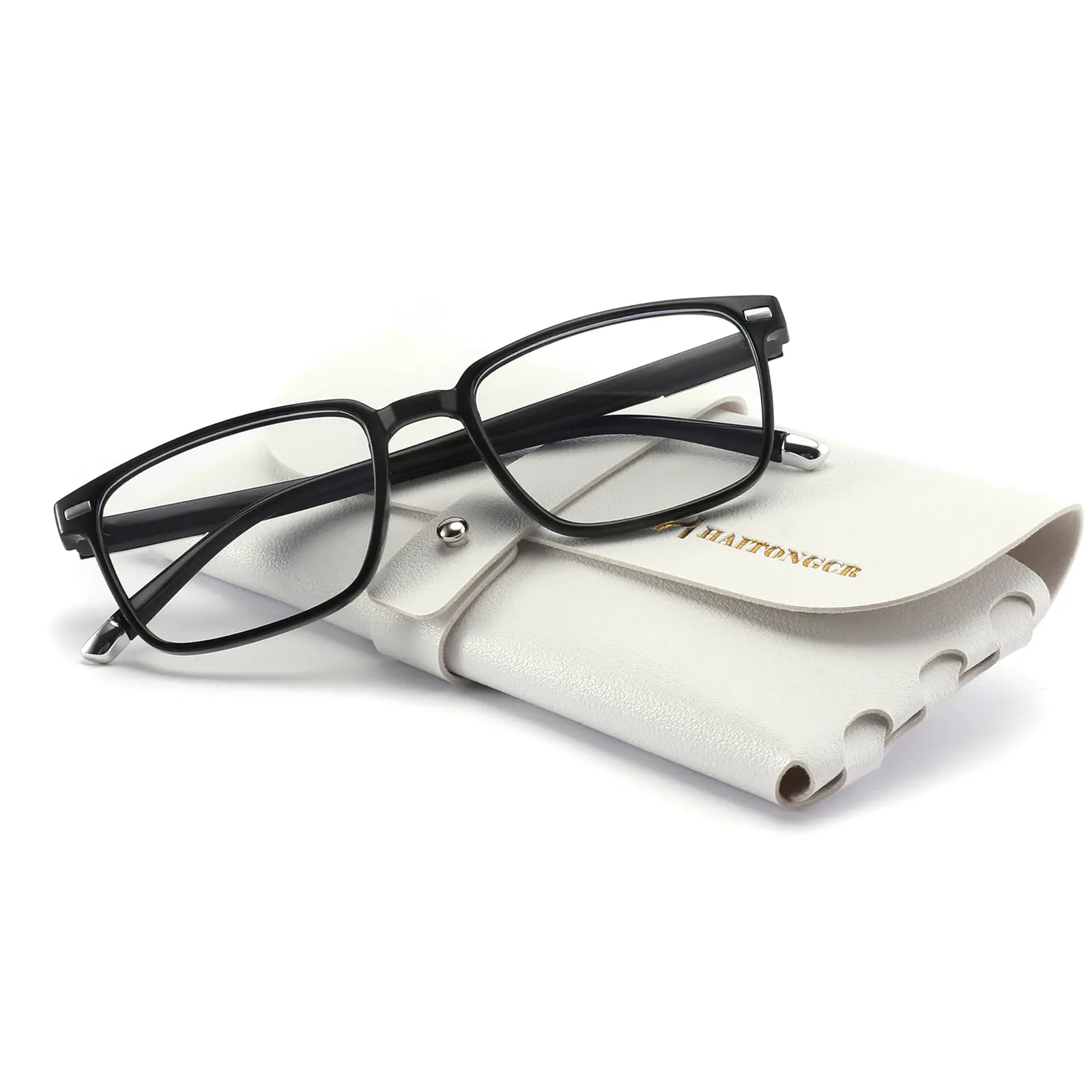 HAITONGCR Single Item Black Rectangular Full-Rim Prescription Eyeglass Frames - Gold Temple Accent, Unisex, Classic Business & Everyday Style, Includes Care Kit