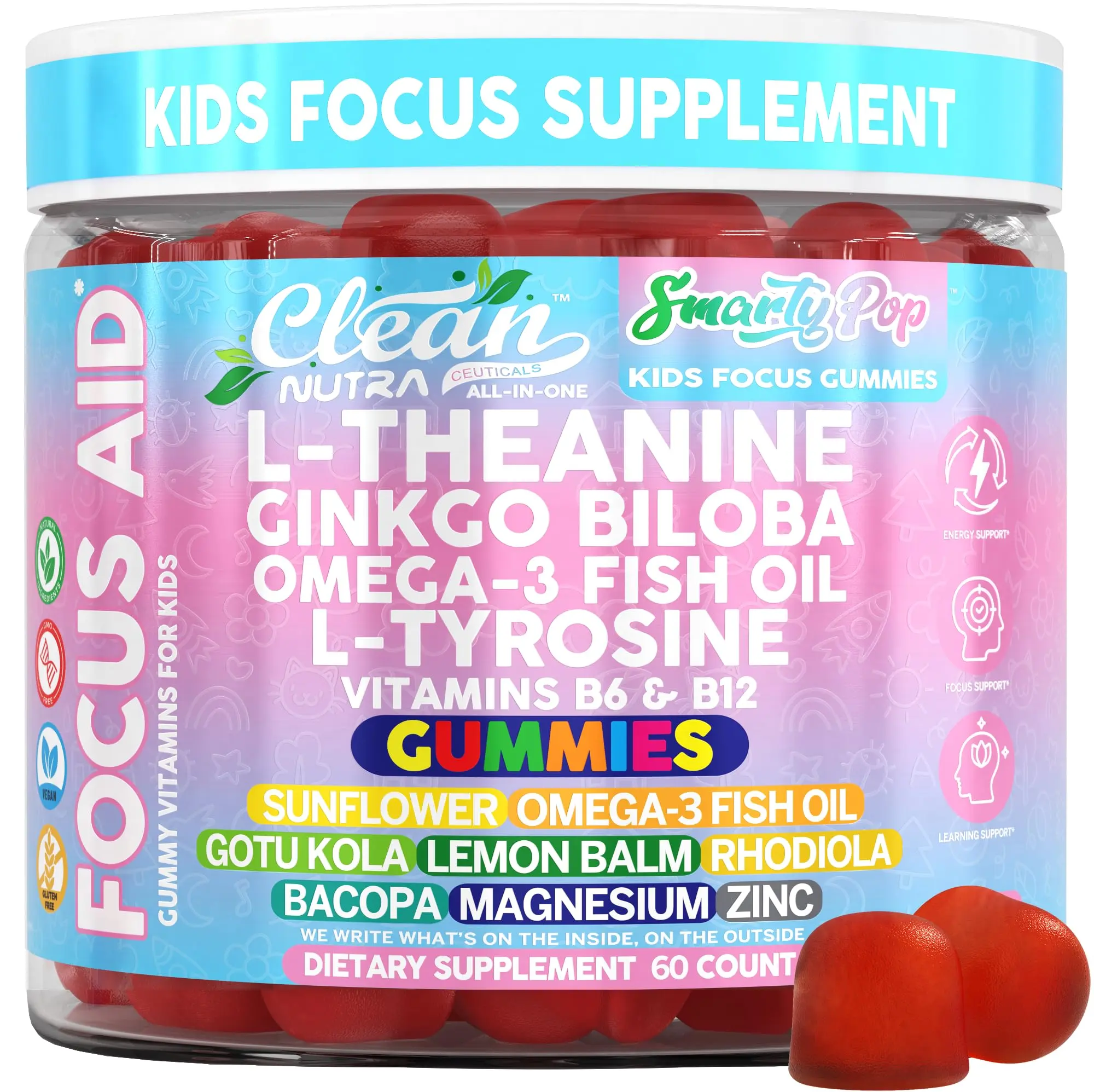 Clean Nutra L-Theanine, Ginkgo Biloba, Omega-3, B Vitamins & Essential Minerals for Kids Focus Gummies & Calm Energy - Smarty Pop