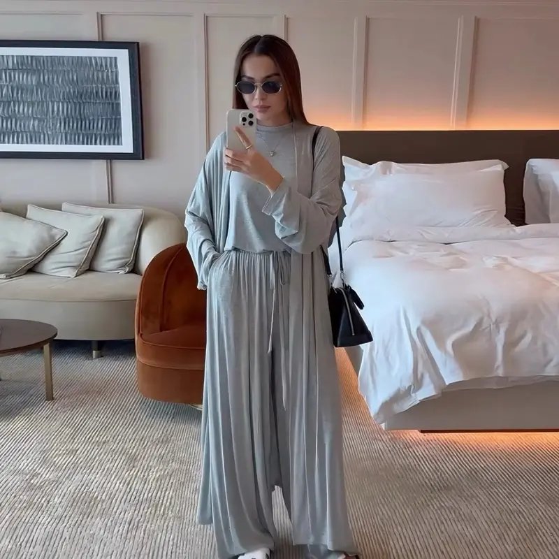 Women's New 3-Piece Modest Abaya Set - Breathable Modal Fabric, Long Outer Abaya, Soft Inner Top, Wide-Leg Pants, Lightweight Comfort