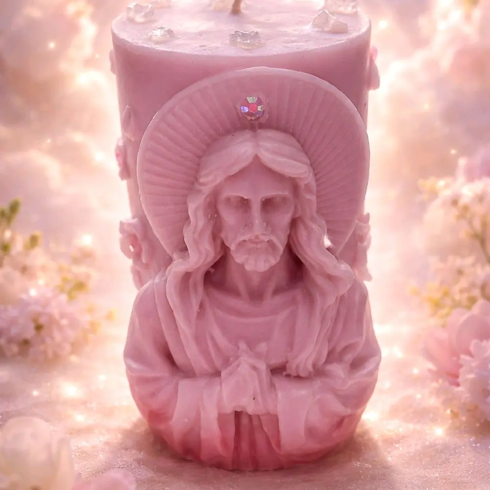 Handmade Jesus Candle 100% Soy with Cotton Wick and High Quality Fragrance Pink Decorative Religious Gift