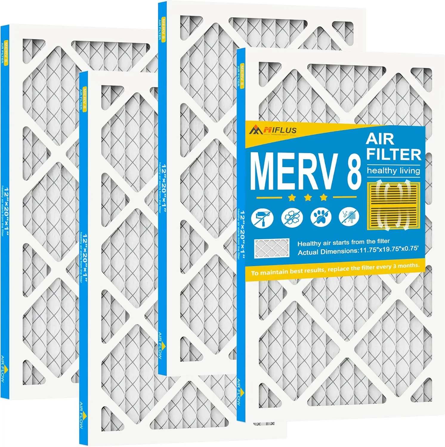 Furnace 12x20x1 Filter,MERV 8,Furnace Air Filter for HVAC,Dust Defense 4packs