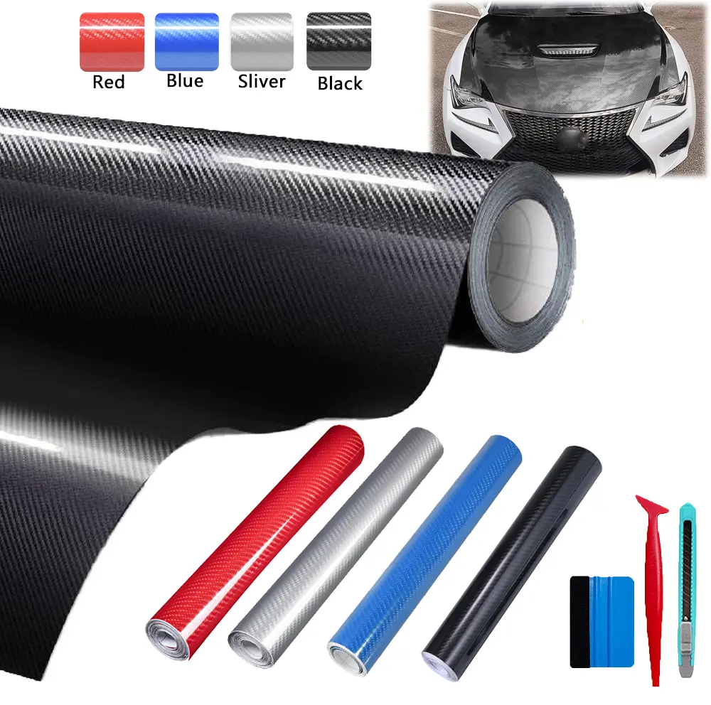 Gloss Carbon Fiber Car Wrap Vinyl Roll, 1FT x 5FT/30*150CM Bubble-Free Air-Release Adhesive, Automotive DIY Decals with Installation Tools for Cool Car Decoration