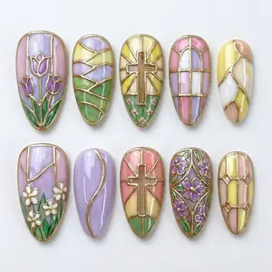 Easter Cross Press on Nails, Vintage Cathedral Window Art, Gold Outline Tulip Cross Nails, Pastel Purple & Pink Floral Nails, Easter day