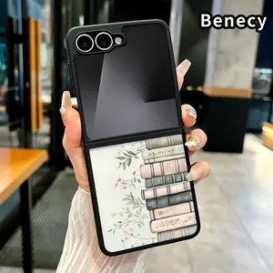 Books and Blossoms Pattern Phone Case for Z Flip 7/6/5/4 Silicone TPU Protective Folding Case with Double Protection and Camera Lens Cover