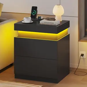Sikaic Nightstand with Sliding Top and 2 Drawers Modern Bedside Table with LED Lights and Charging Station