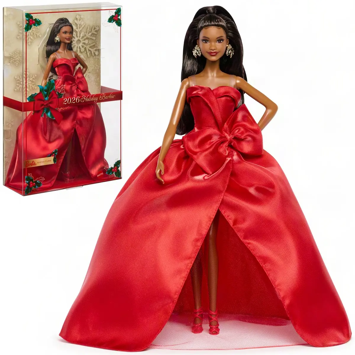 Mattel Barbie Signature 2026 Holiday Barbie Black Hair Doll with Red Gown, Bow Detail, Doll Stand, Certificate of Authenticity and Collectible Holiday Gift Packaging