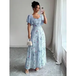 Women'sChiffonButterflyPrintBatwingSleeveRuchedSweetA-LineDress,ForSummer