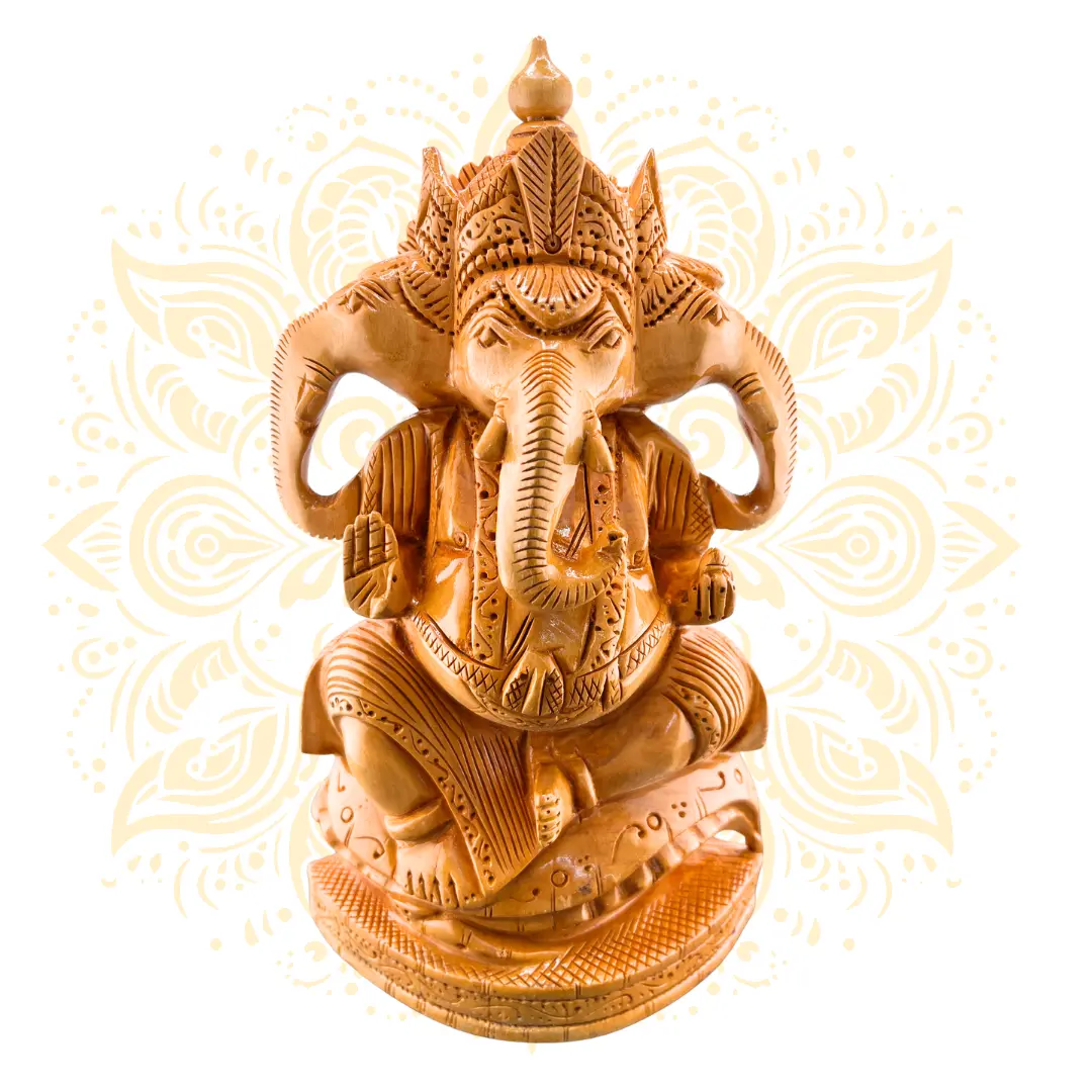 Hand Carved Wooden Three Head Ganesh Statue 10”