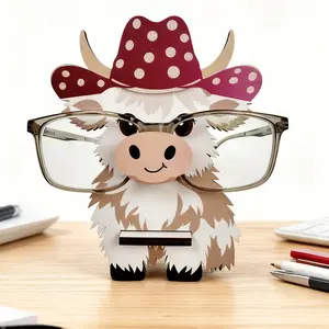 Highland Cow Wooden Glasses Stand - A glasses display stand with glasses and hat details, perfect for home or office decoration, used for desktop decoration, glasses display, glasses storage, and Office Desk Accessories